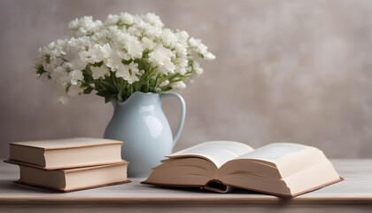 Vintage books with bouquet of white flowers.