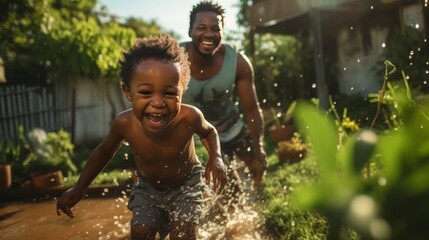 african american boy running with water splashing - obrazy, fototapety, plakaty