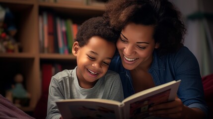 african american mother with child reading a book at home