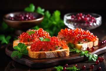 sandwiches with red caviar on a board on a wooden table