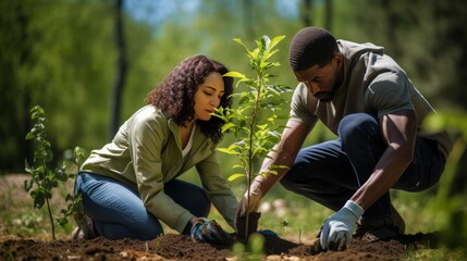 multiethnic couple planting a tree in the forest