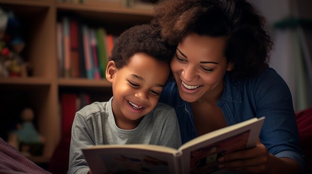 african american mother with child reading a book at home