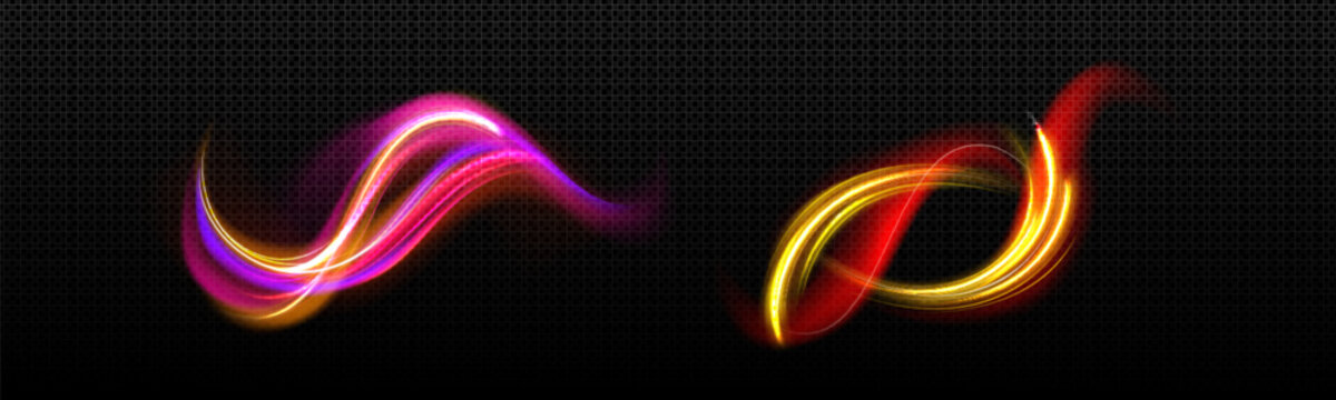 Neon color light effects set isolated on transparent background. Vector realistic illustration of yellow, red, purple, pink waves, abstract speed motion swirls, magic power trail, blurred fire flash