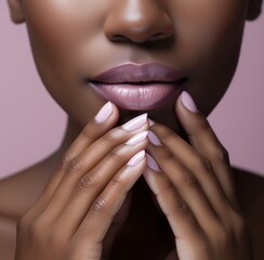 Fototapeta premium Young beauty african american woman with a perfect manicure, stylish pink nail polish on her lips, pensive poses.