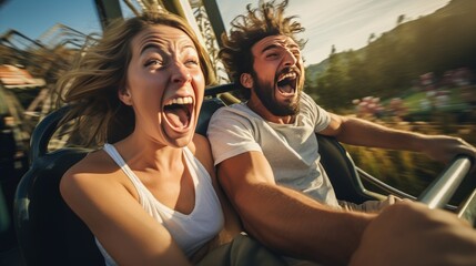 young couple in amusement park screaming - obrazy, fototapety, plakaty
