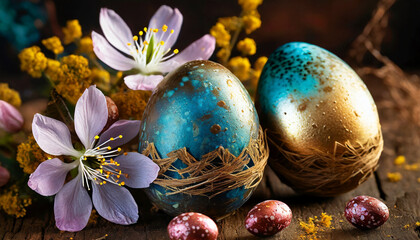 Obraz na płótnie Canvas colorful easter eggs and colorful flowers on a wooden background