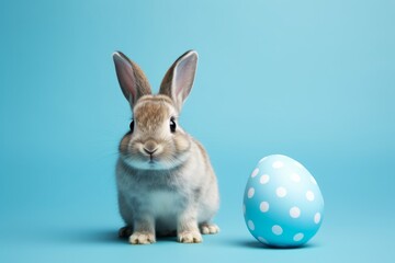 Easter bunny rabbit with blue painted egg on blue background. Easter holiday concept