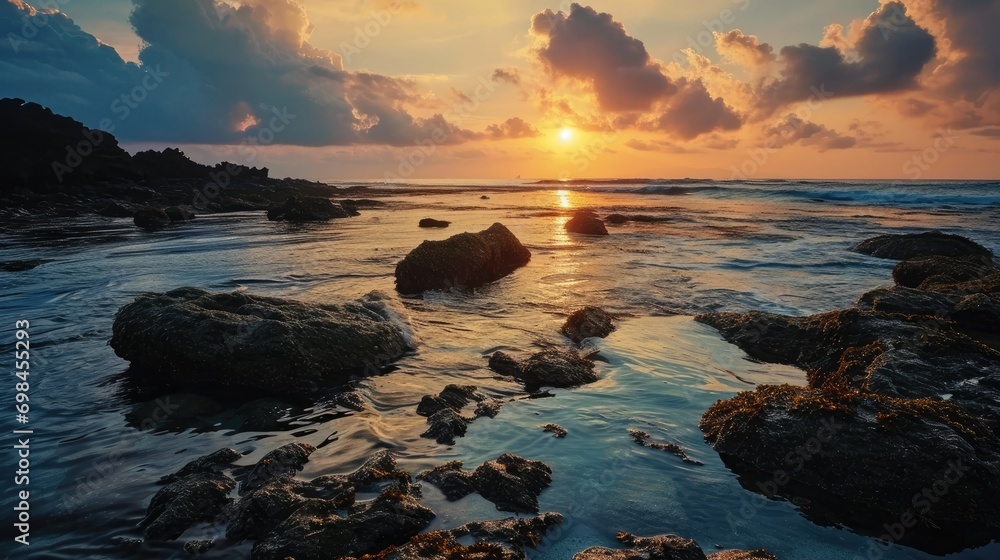 Poster a sunset over the ocean with rocks in the foreground and a body of water in the middle of the ocean 