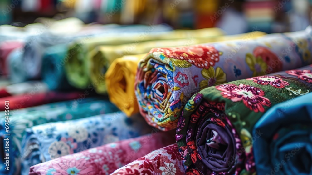 Poster  a close up of a bunch of colorful ties on a table with a blurry background of bookshelves in the background and a variety of colors and patterns.