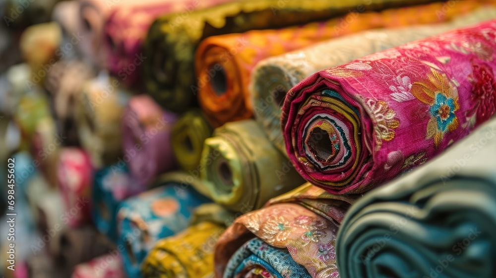 Poster a bunch of different colored fabrics are stacked on top of each other in a row on the floor in front