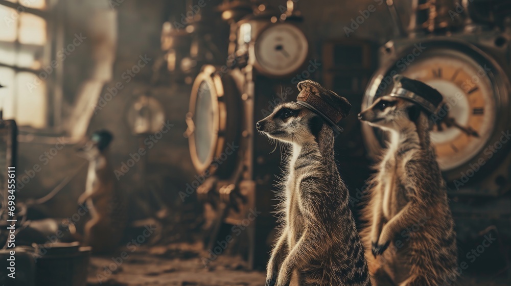 Poster a couple of meerkats standing next to each other in front of a wall with clocks on it and a clock on