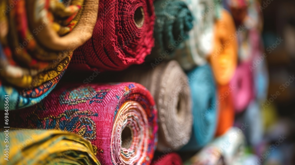 Poster a close up of a bunch of different colors of fabric on a wall with a lot of different colors of fabr