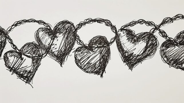  a drawing of a group of hearts hanging from a line of chains with the word love written in the middle of the picture and the word love written in the middle.