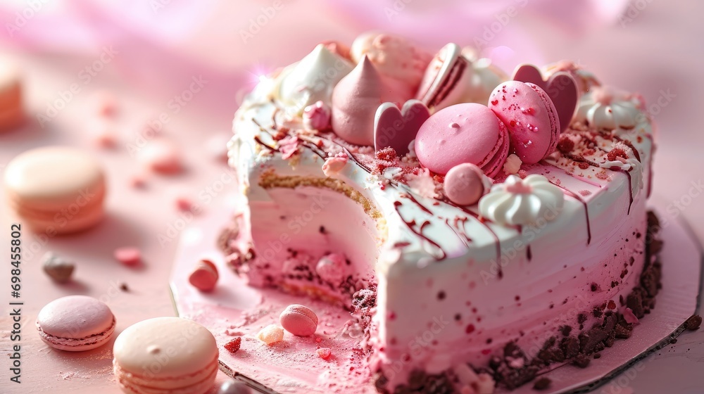 Poster a close up of a cake on a plate with hearts on top of it and a few cookies on the side of the cake a