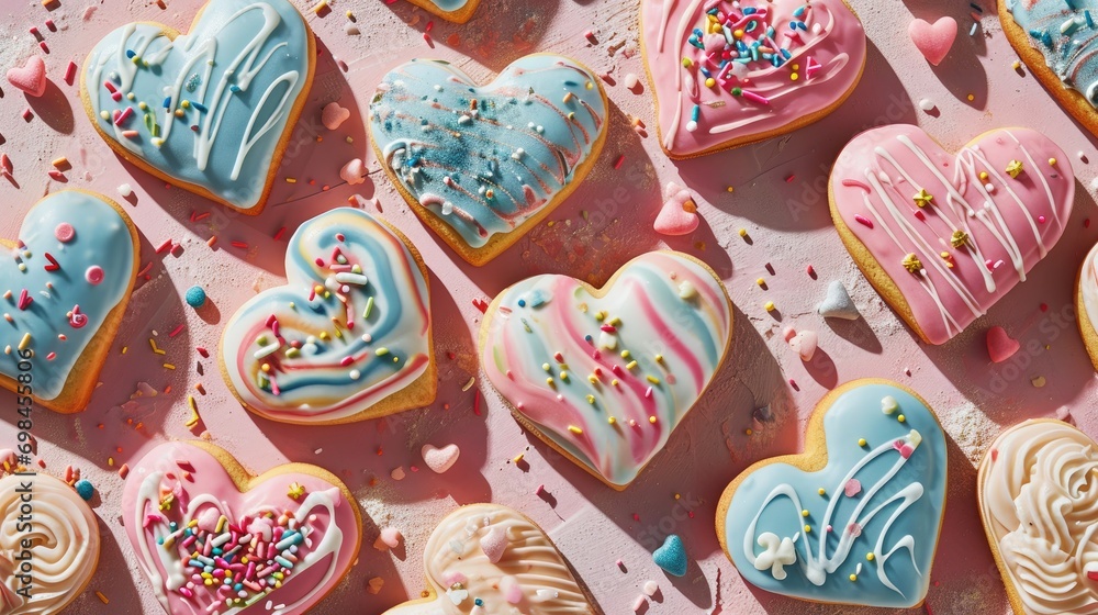 Aufkleber a bunch of heart shaped cookies with sprinkles and frosting on a pink surface with confetti and spri