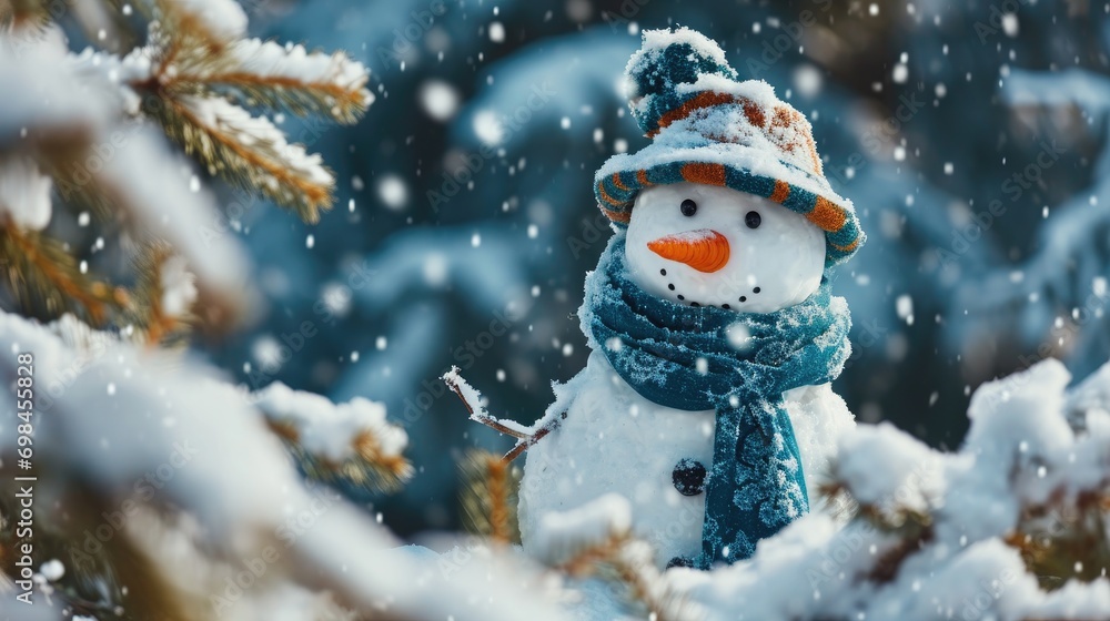 Poster a snowman wearing a hat and scarf standing in the snow in front of a pine tree with snow flakes on i