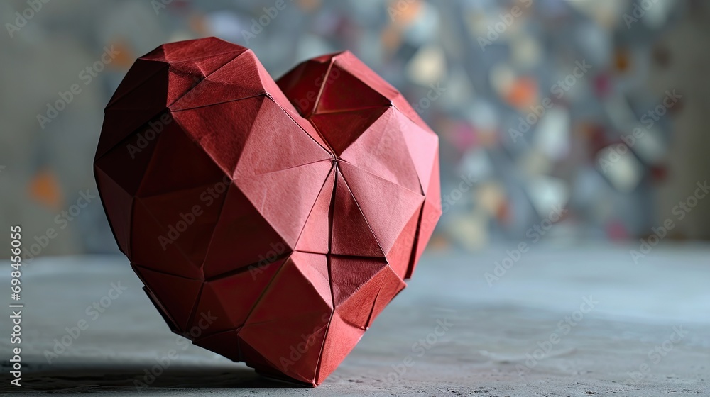 Poster a red heart shaped origami sitting on top of a cement floor in front of a wall with a pattern of cir