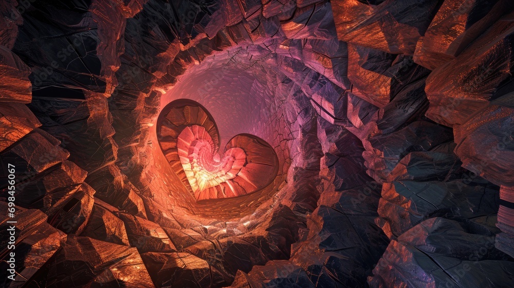 Poster a view from the top of a spiral staircase looking down at a heart - shaped object in the center of t