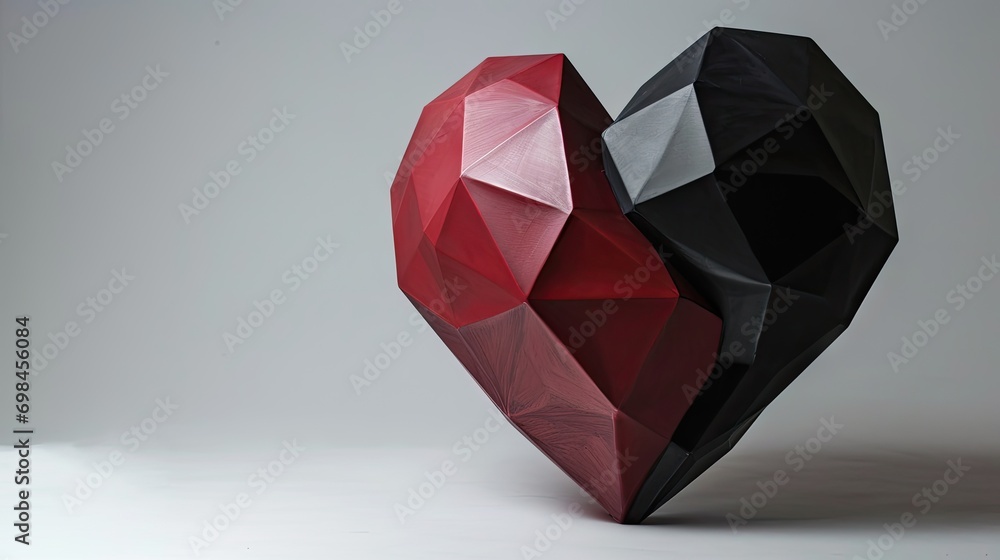Poster a black and red heart shaped object sitting on top of a white table next to a gray wall and a white 