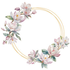 Watercolor magnolias frame of flowers, leaves and branches. Great for cards and wedding invitations.	