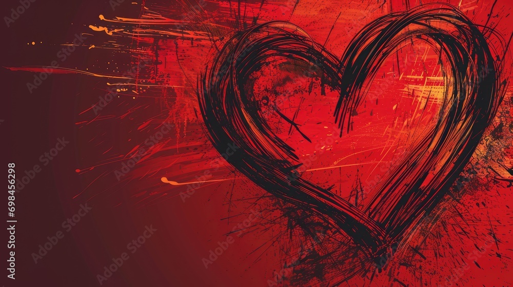 Poster a painting of a heart on a red background with a grungy effect in the shape of a grungy heart on the