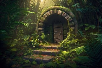 Enchanting portal hidden lush tropical forest, beckoning adventure