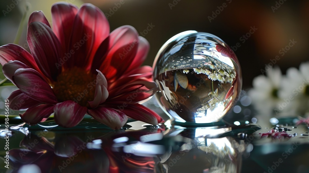 Poster a red flower sitting on top of a table next to a glass ball with a reflection of it on top of a refl