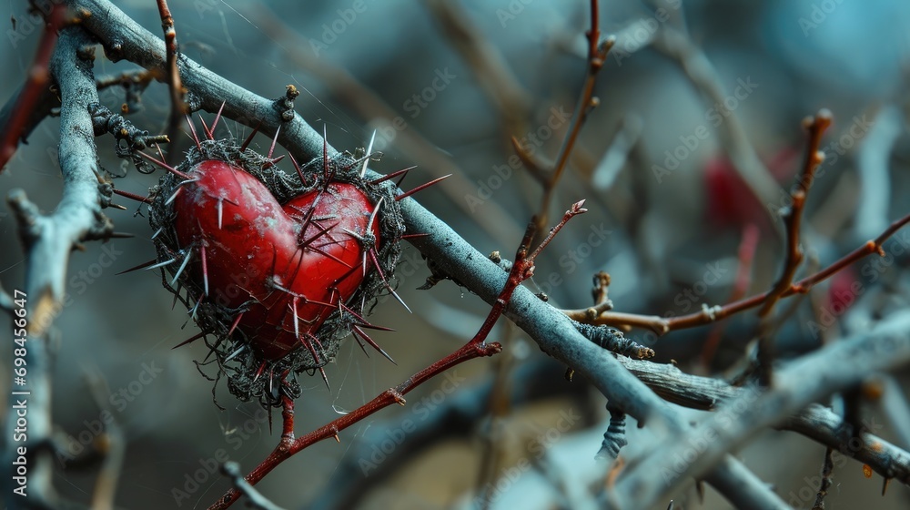 Poster a close up of a tree with a heart shaped object hanging from it's branch and a blurry background of 