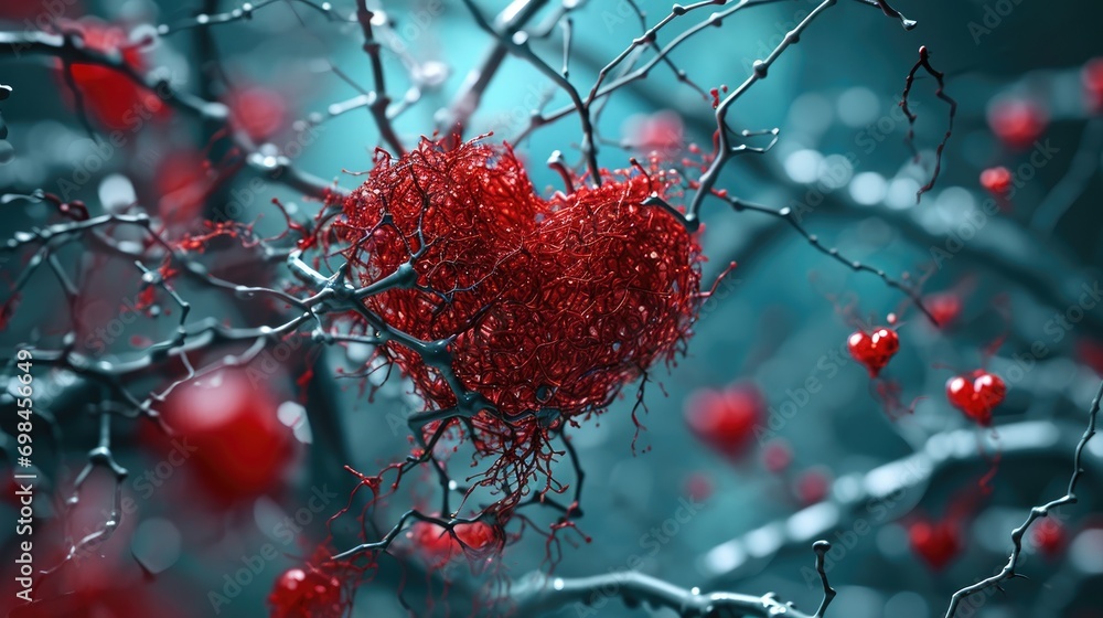 Poster a close up of a tree with a red heart hanging from it's branches and red berries on it's branches, w