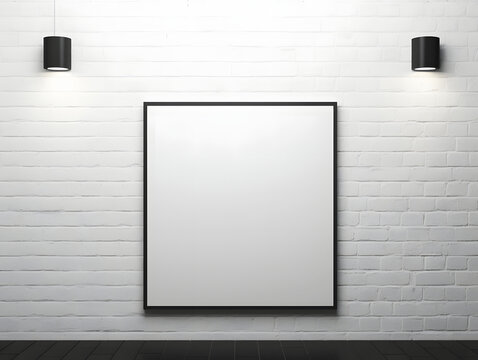 White modern brick wall with a blank photo frame mockup generative ai