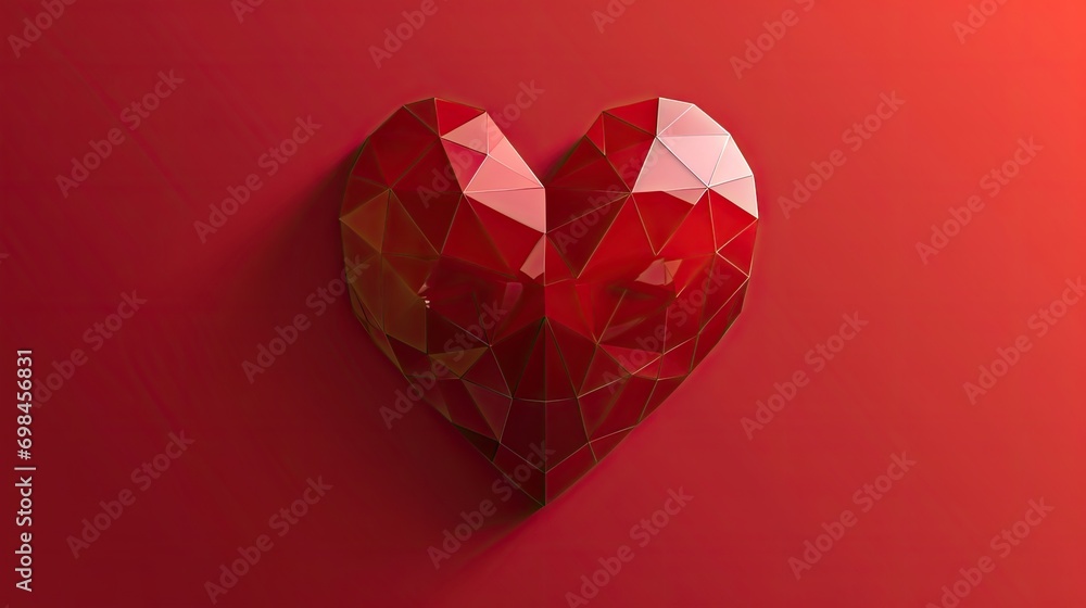 Poster a red heart shaped object sitting on top of a red surface with a light reflection on the side of the
