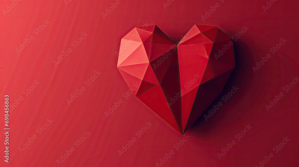 Poster a red heart shaped object sitting on top of a red wall next to a red wall with a wooden floor and a 