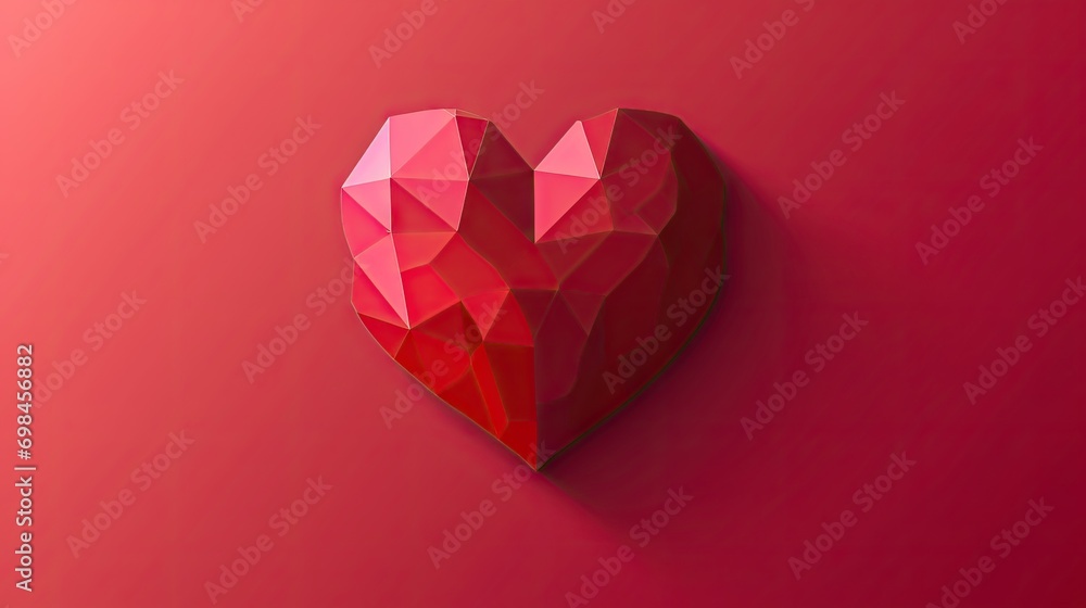 Poster a red polygonal heart on a pink background with a shadow on the left side of the heart and a shadow 