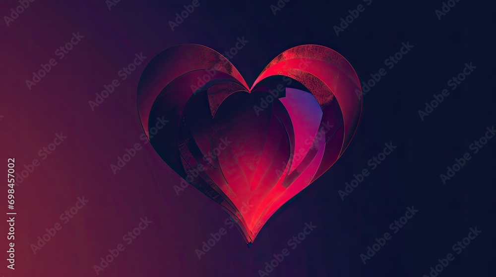 Poster a heart shaped object on a purple and red background with a red and purple background and a red and 