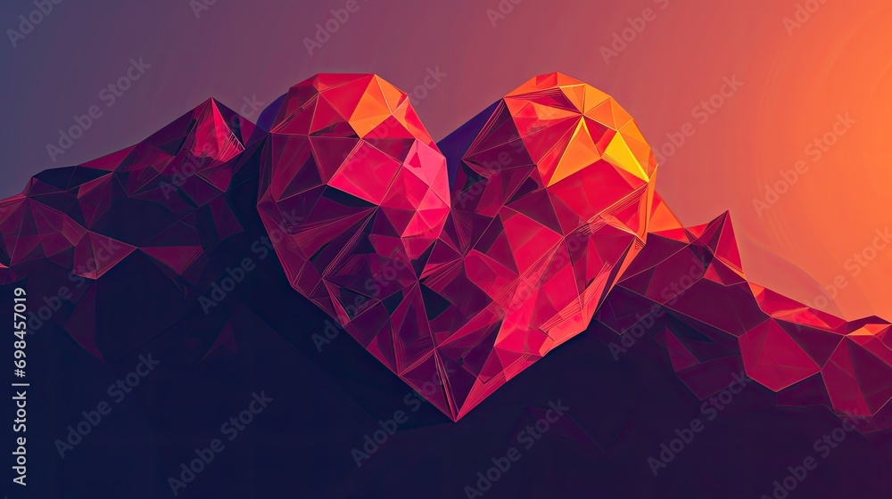 Poster a heart shaped object on top of a mountain with the sun in the background and a red heart on the top