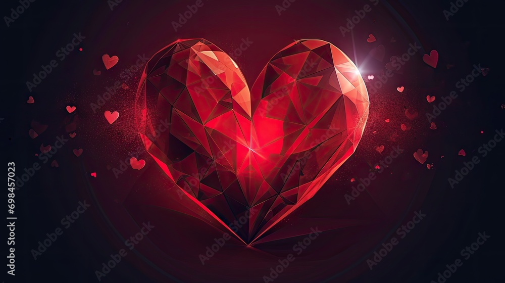 Poster a red polygonal heart on a black background with hearts scattered around it and a flash of light com