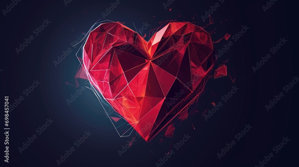 Poster a red heart on a black background with a small amount of light coming from the top of the heart and 