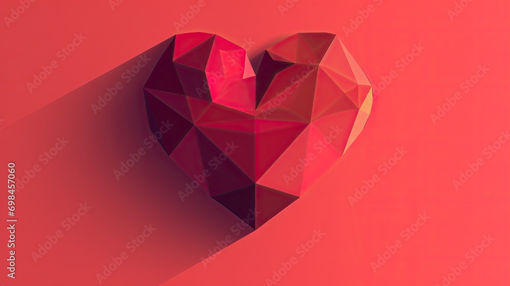 Poster a red heart on a pink background with a long shadow of the heart on the right side of the image and 