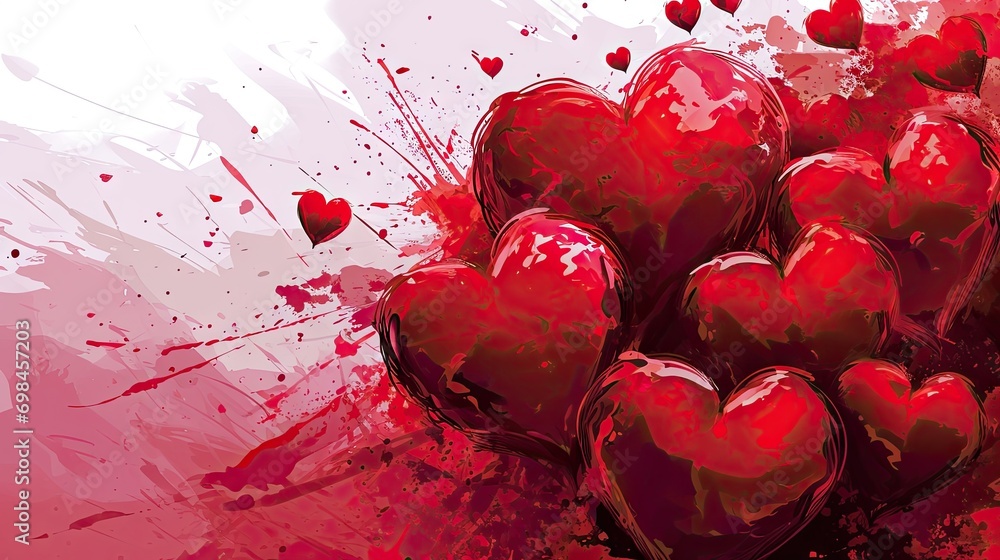 Poster a bunch of red hearts sitting in the middle of a red and white background with a splash of paint on 