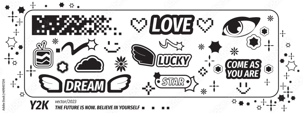 Poster y2k black monochrome abstract shape and sign. vector illustration set of simple geometric forms and 
