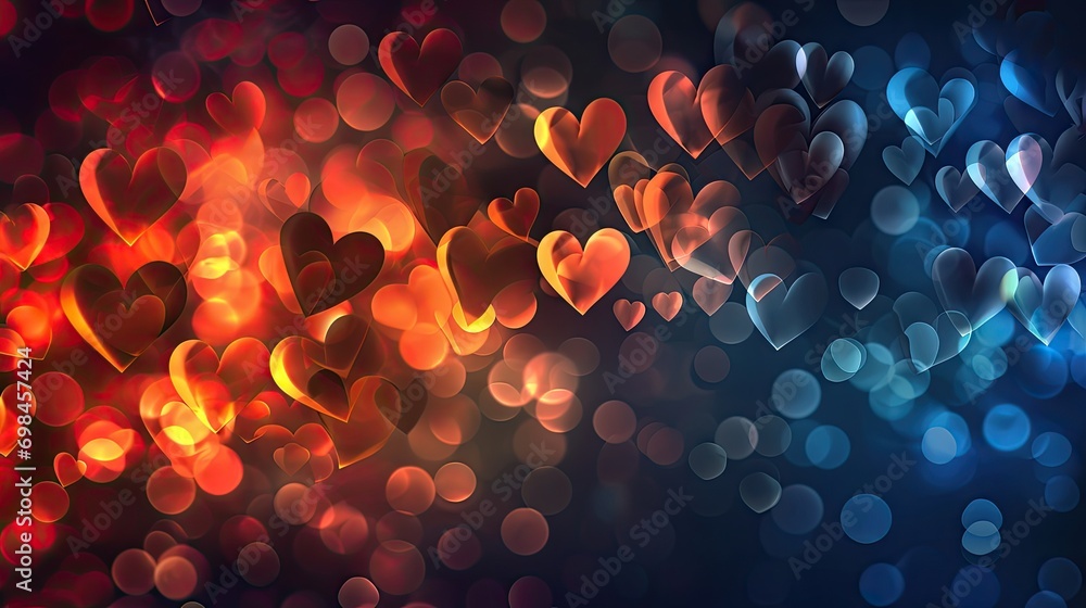 Poster a bunch of hearts that are on a blue and red background with a lot of lights in the shape of a heart