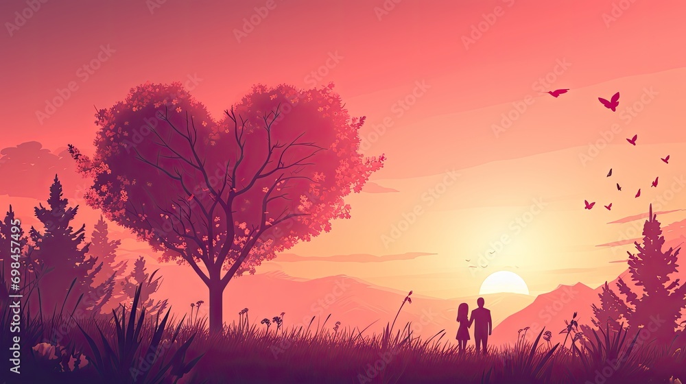 Aufkleber a man and a woman standing next to each other in front of a tree with a heart shaped tree in the for