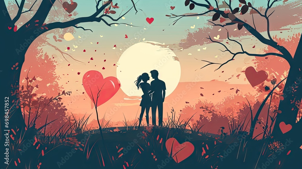 Poster a man and a woman standing next to each other in front of a heart - shaped tree with the sun setting