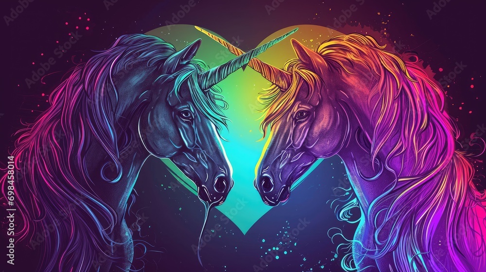 Poster two unicorns standing next to each other in front of a heart with a rainbow light in the shape of a 