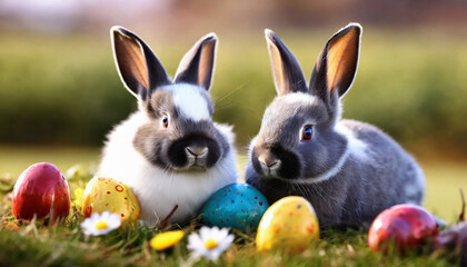 Fototapeta na wymiar cute two bunnies on the grass and colorful patterned easter eggs around them