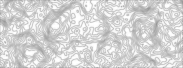Abstract black & white topographic Contour map with geographic mountain terrain. Vector seamless striped patterns and wavy lines. Topography blend of cartography on old paper-textured surface.