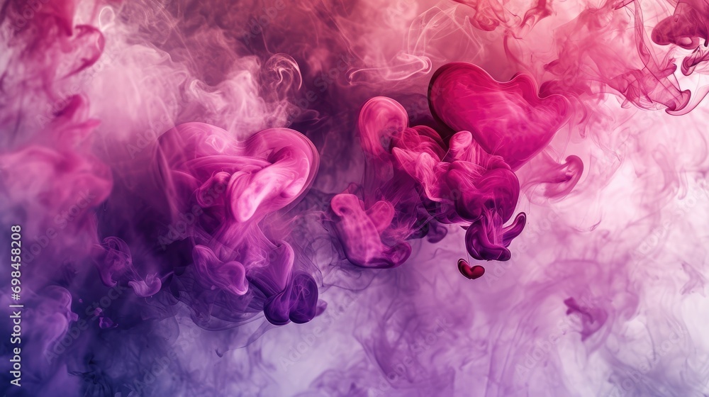 Poster a group of pink and purple smokes on a white and purple background with a red heart on the left side