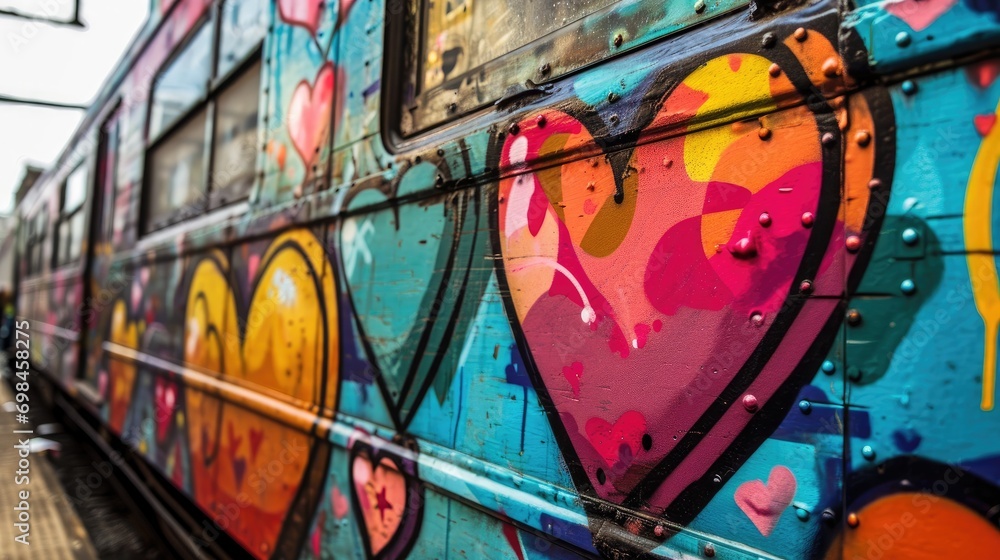 Poster a close up of the side of a bus with a heart painted on the side of the bus and a person walking on 