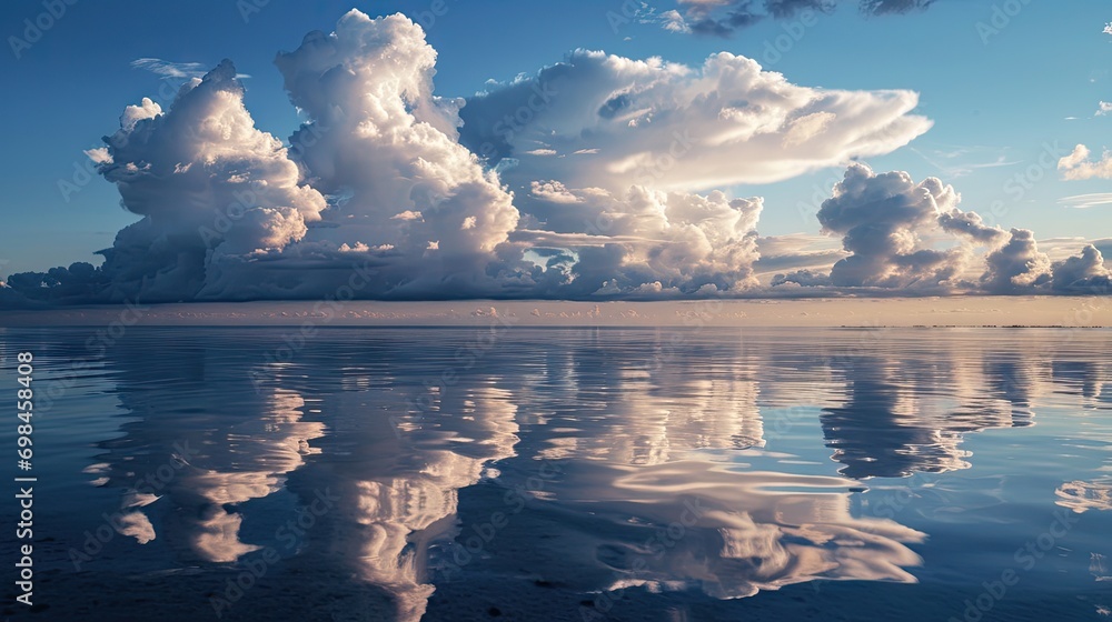 Poster a group of clouds floating in the sky above a body of water with a reflection of the clouds in the w