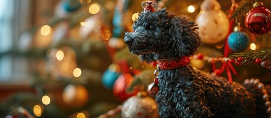 Dragon-themed toy poodle, representing 2024, by a decorated New Year tree. High-quality.